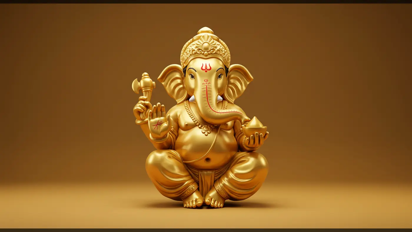 Golden Ganesha Idol with Deep Orange Gradient – Ideal for Devotional Creatives