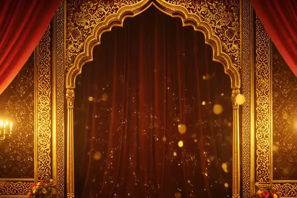 Opulent Golden Archway Illuminated Theatrical Stage Backdrop