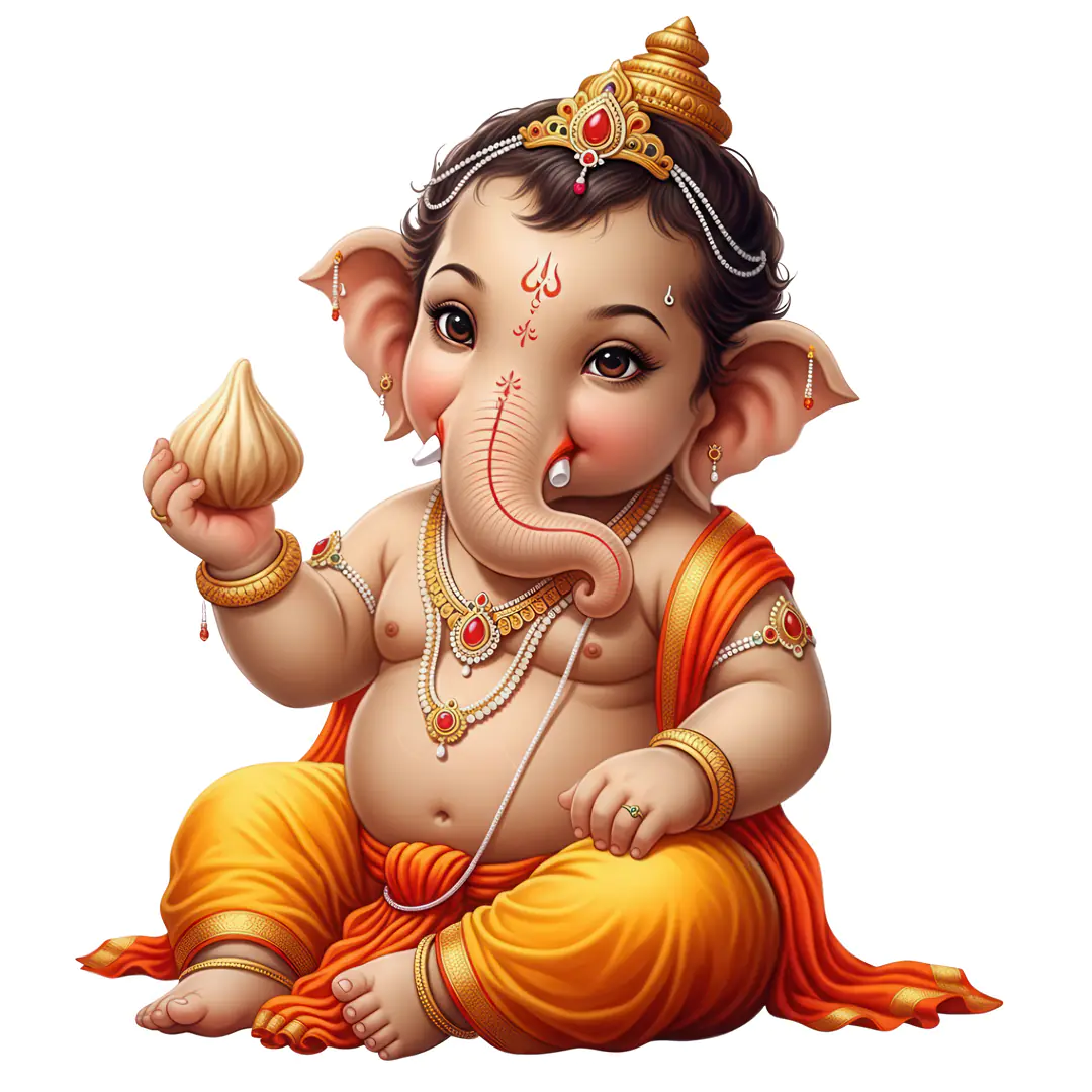 Cheerful Baby Ganesha Holding Modak Treat PNG