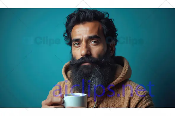 Bearded Man Holding Coffee Cup in Cozy Sweater