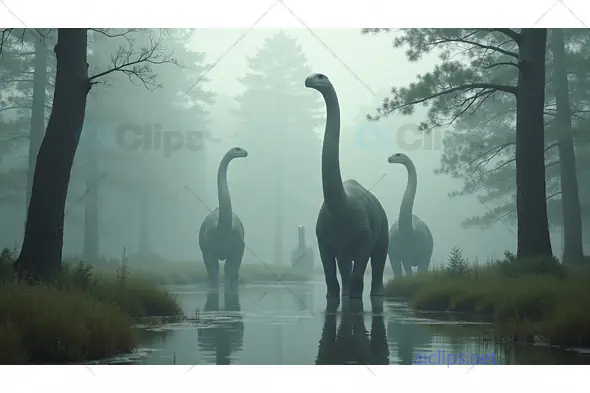 Herd of Dinosaurs Walking Through a Misty Prehistoric Swamp