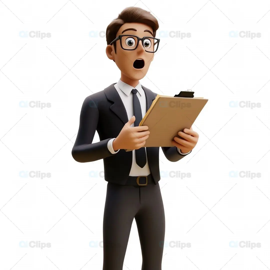 3D Surprised Businessman Avatar Holding a Clipboard
