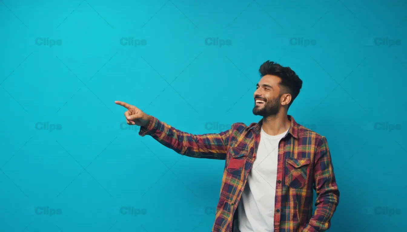 Smiling Man Pointing to Side on Blue Background