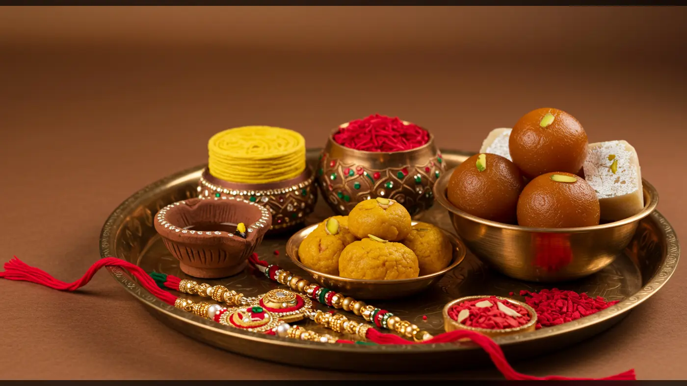 Traditional Raksha Bandhan Thali with Rakhis, Sweets & Diya | AIClips Premium Festival Photo
