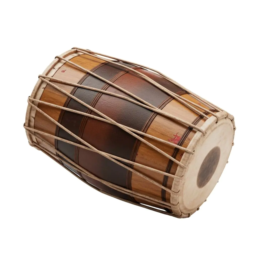 Traditional wooden dholak drum with rope tuning