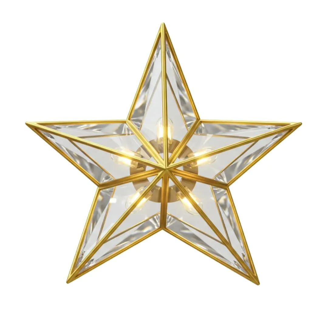 Golden star shaped lamp with glass panels