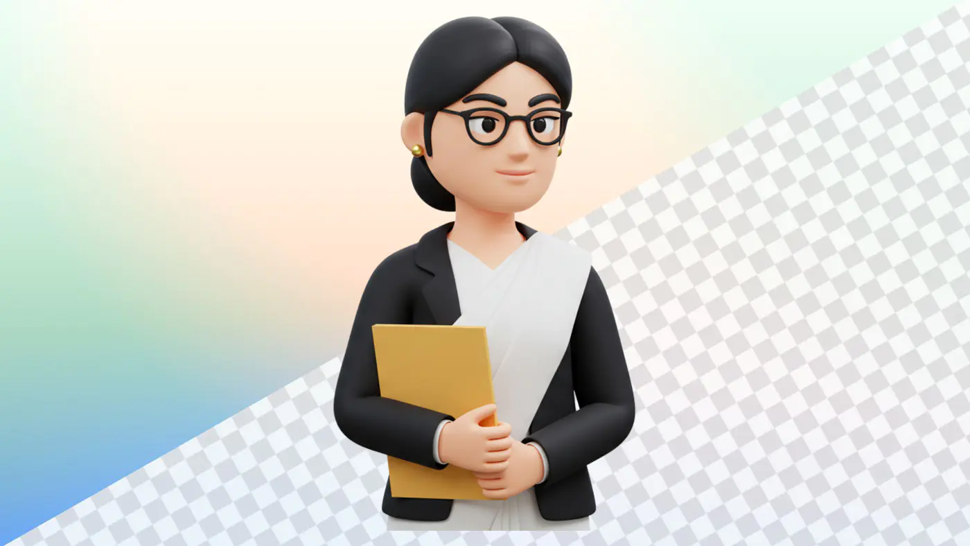 Professional woman 3D avatar black blazer folder glasses