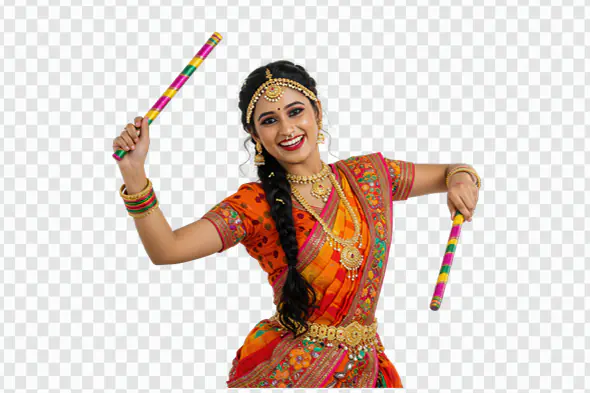 Joyful Indian Woman Dancer with Dandiya Sticks PNG