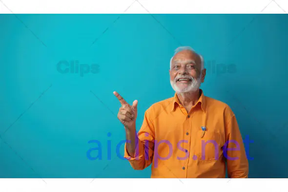 Smiling Elderly Man Pointing Upwards on Blue Background