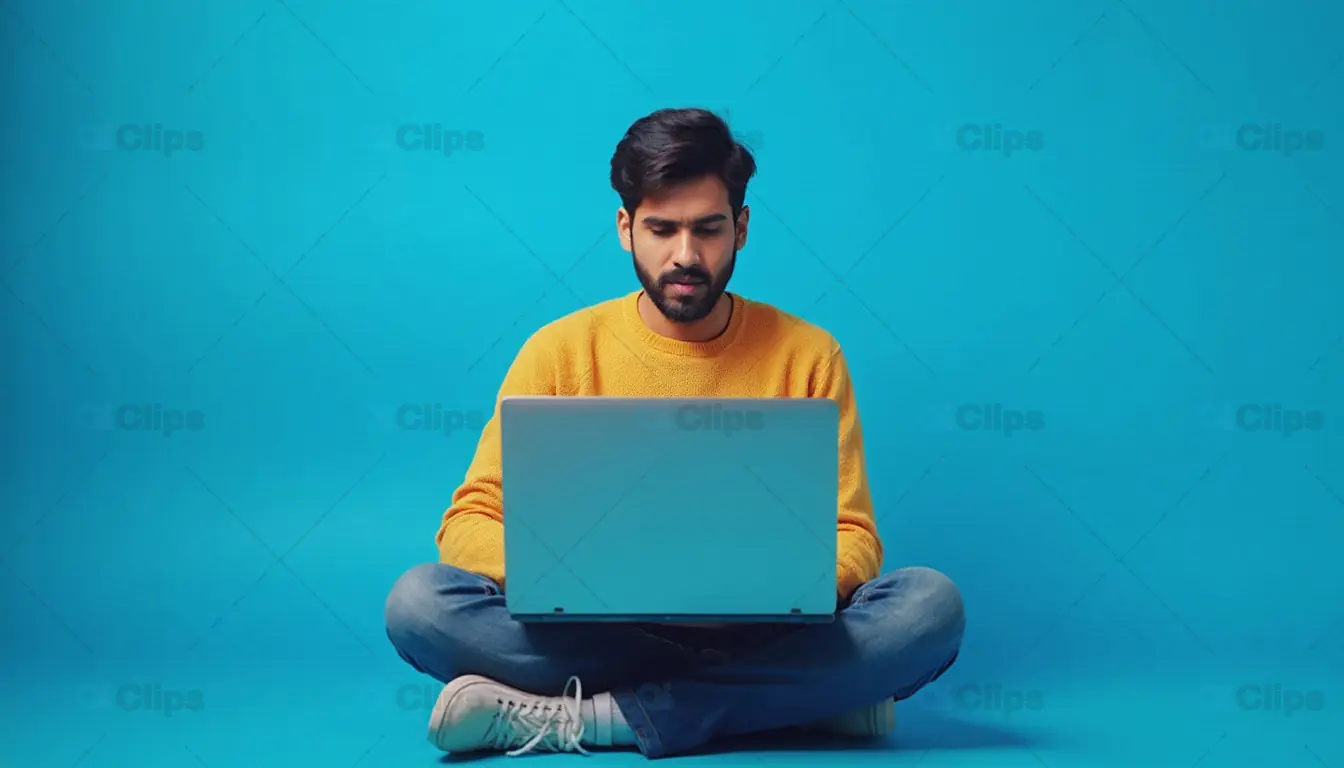 Young Man Working on Laptop in Casual Outfit