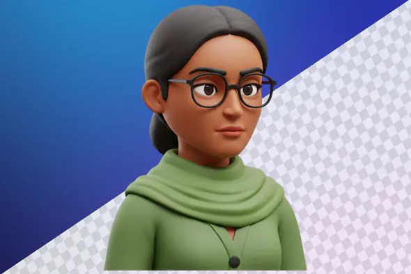 3D avatar woman green outfit glasses realistic portrait