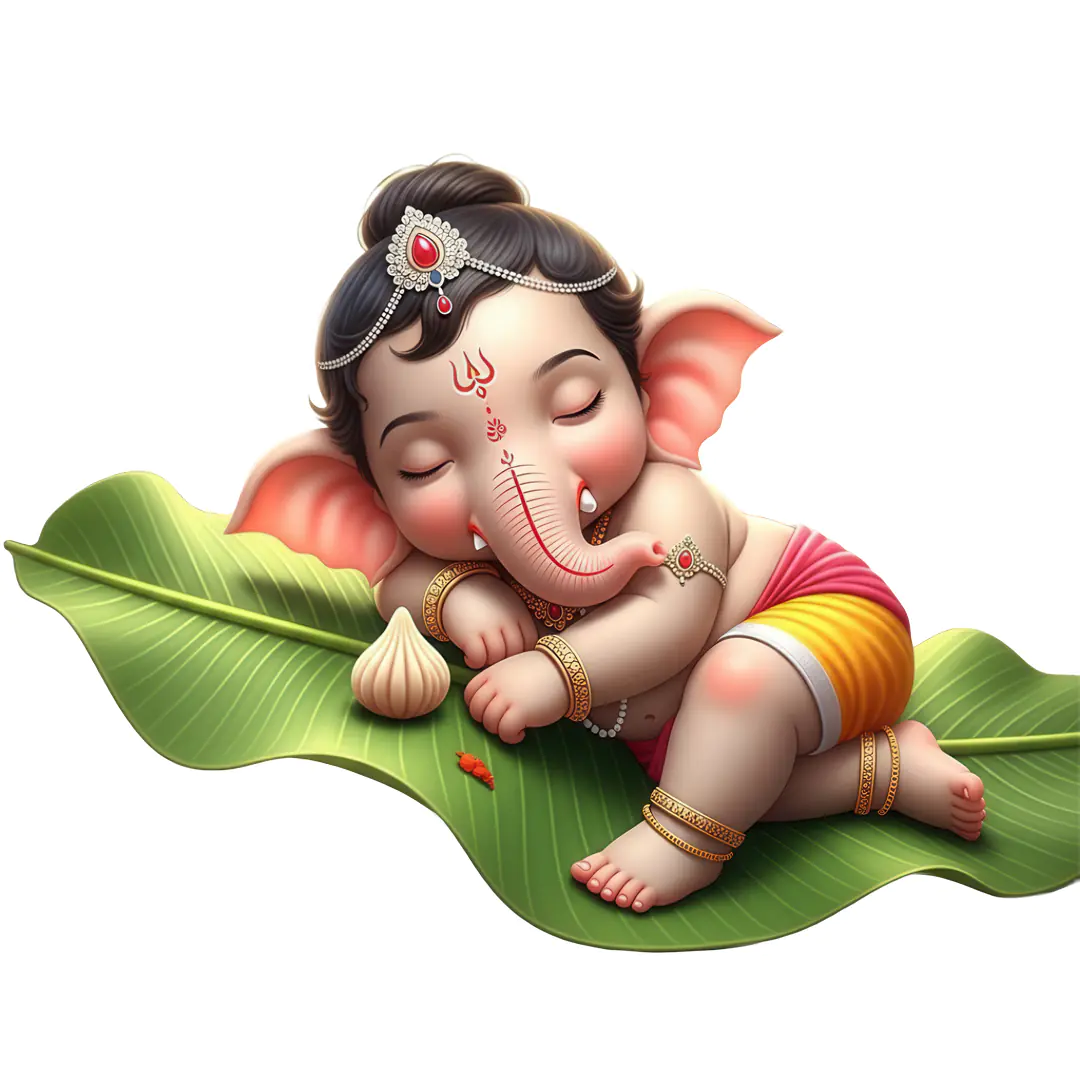 Sleeping Baby Ganesha on Banana Leaf PNG Clipart
