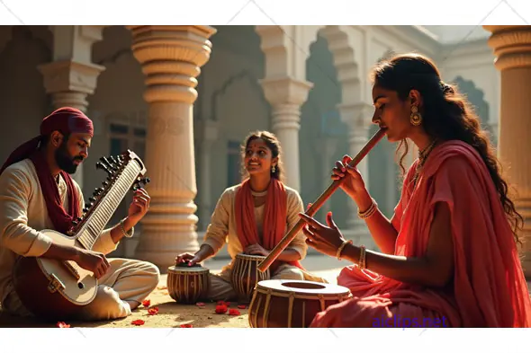 Indian Classical Musicians Performing with Sitar, Tabla, and Flute