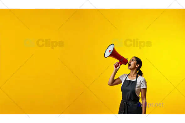 Woman Shouting into Megaphone on Yellow Background