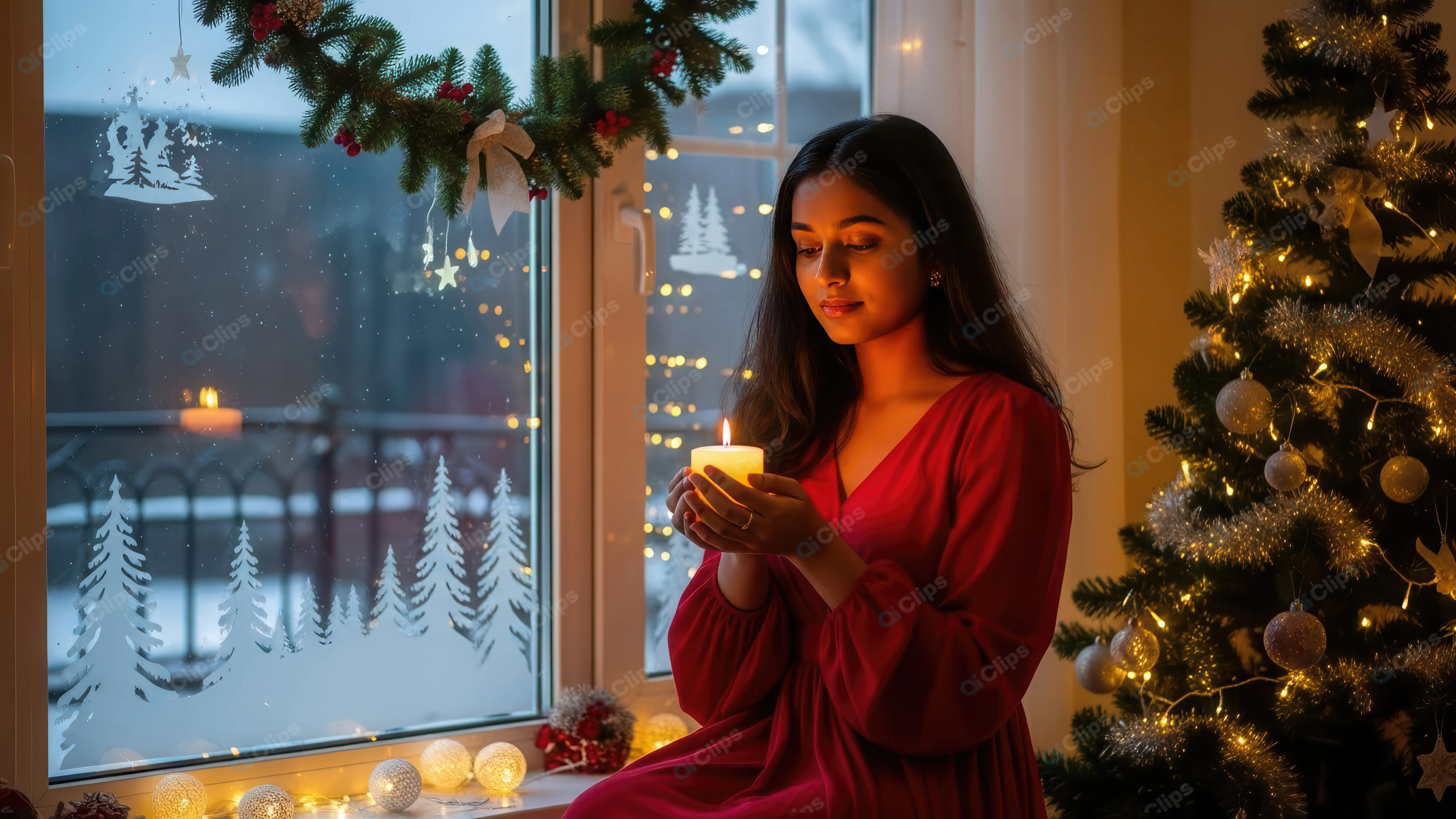 Serene Christmas Eve: Indian Woman with Candle