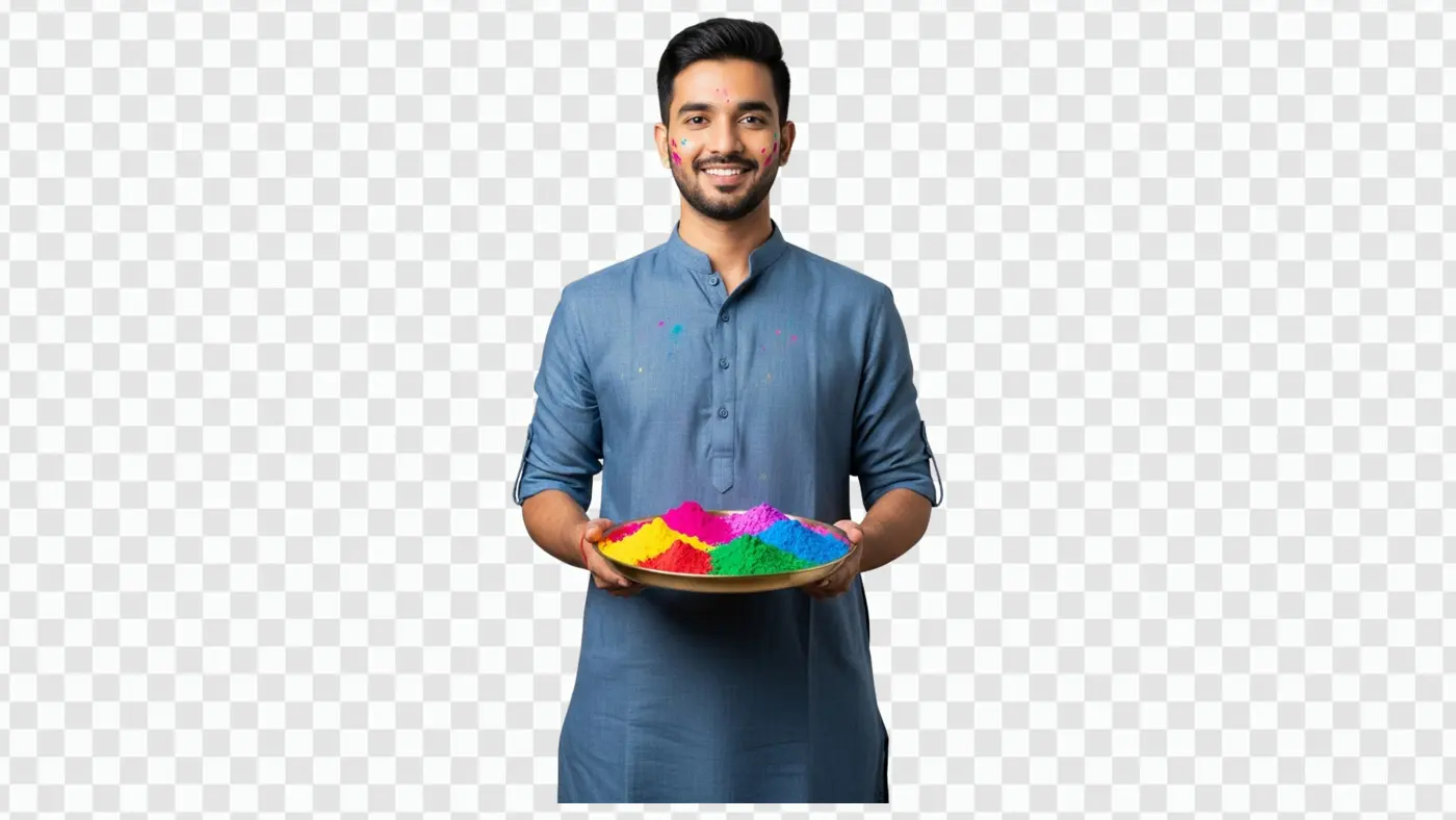 Cheerful Man with Holi Festival Gulal Plate PNG