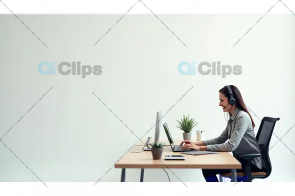 Female Professional Working Remotely with Headset in a Minimalist Office