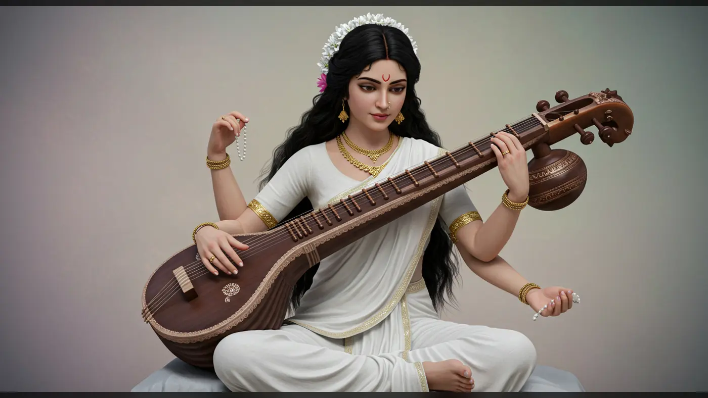 Goddess Saraswati-Inspired Woman Playing Veena – Traditional Devotional Thumbnail Art
