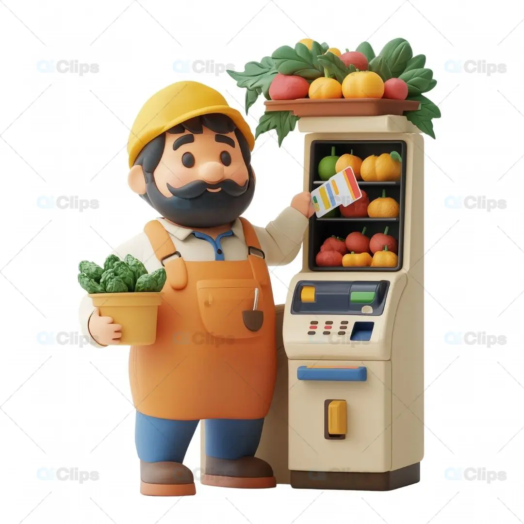 3D Farmer Using Self-Checkout with Fresh Produce