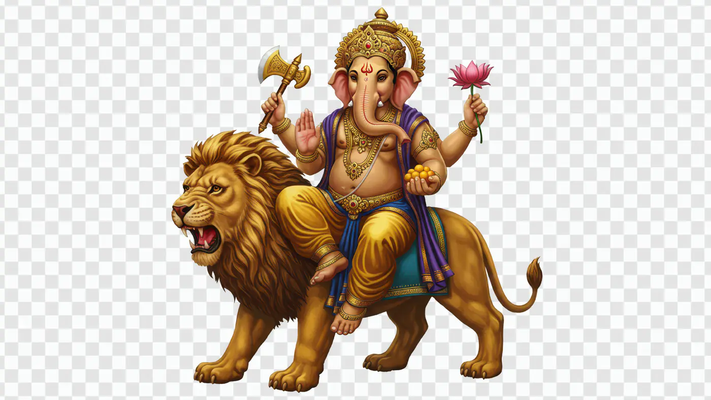Ganesha Riding Powerful Lion Deity PNG Clipart