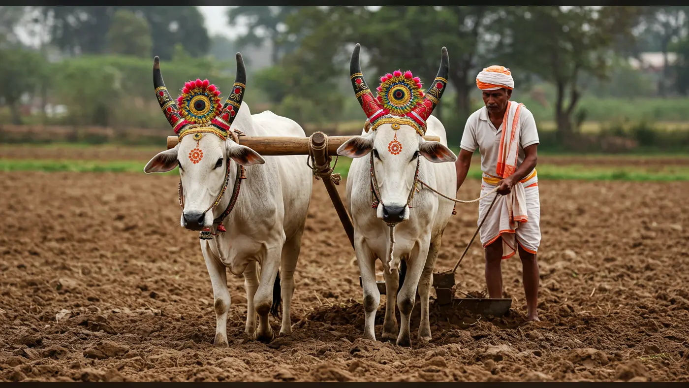 Traditional Indian Farmer with Decorated Oxen Ploughing Field | Rural Culture | AIClips Background