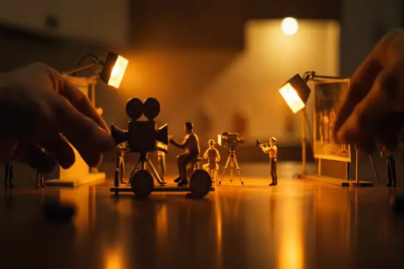 Miniature Film Crew Creating a Cinematic Set