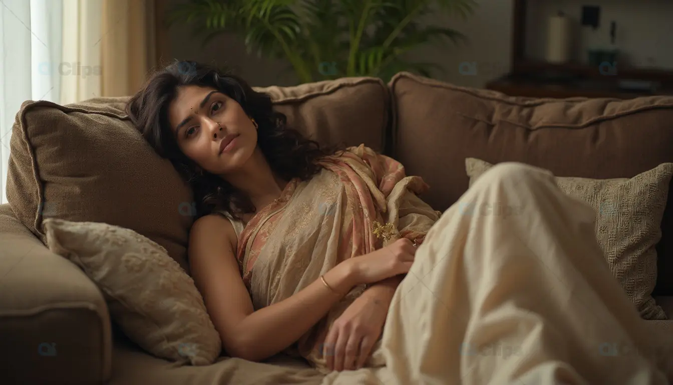 Elegant Woman Relaxing on Sofa in Traditional Saree