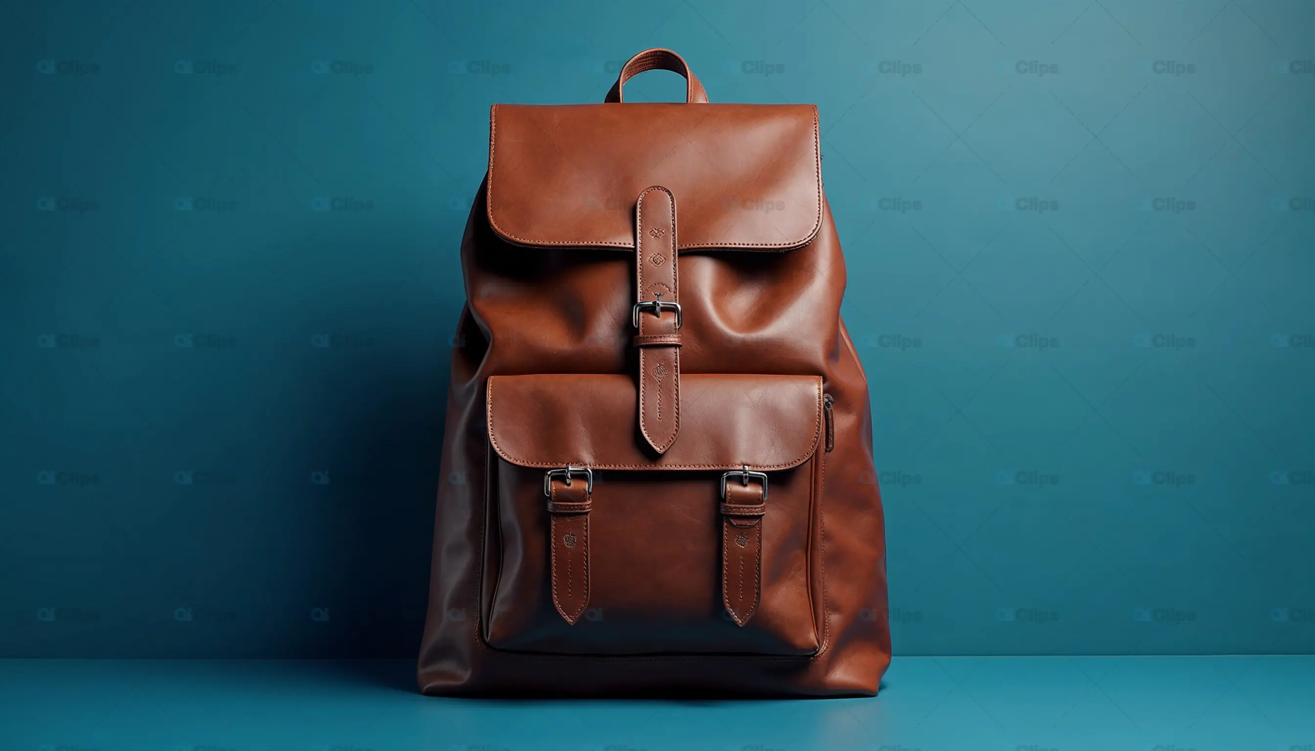 Leather Backpack on Blue Background