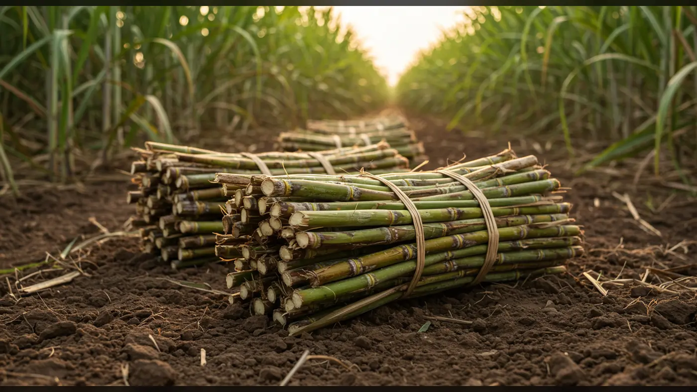 Fresh Sugarcane Bundles on Soil Pathway | AIClips Rural Farm Sunrise Scene