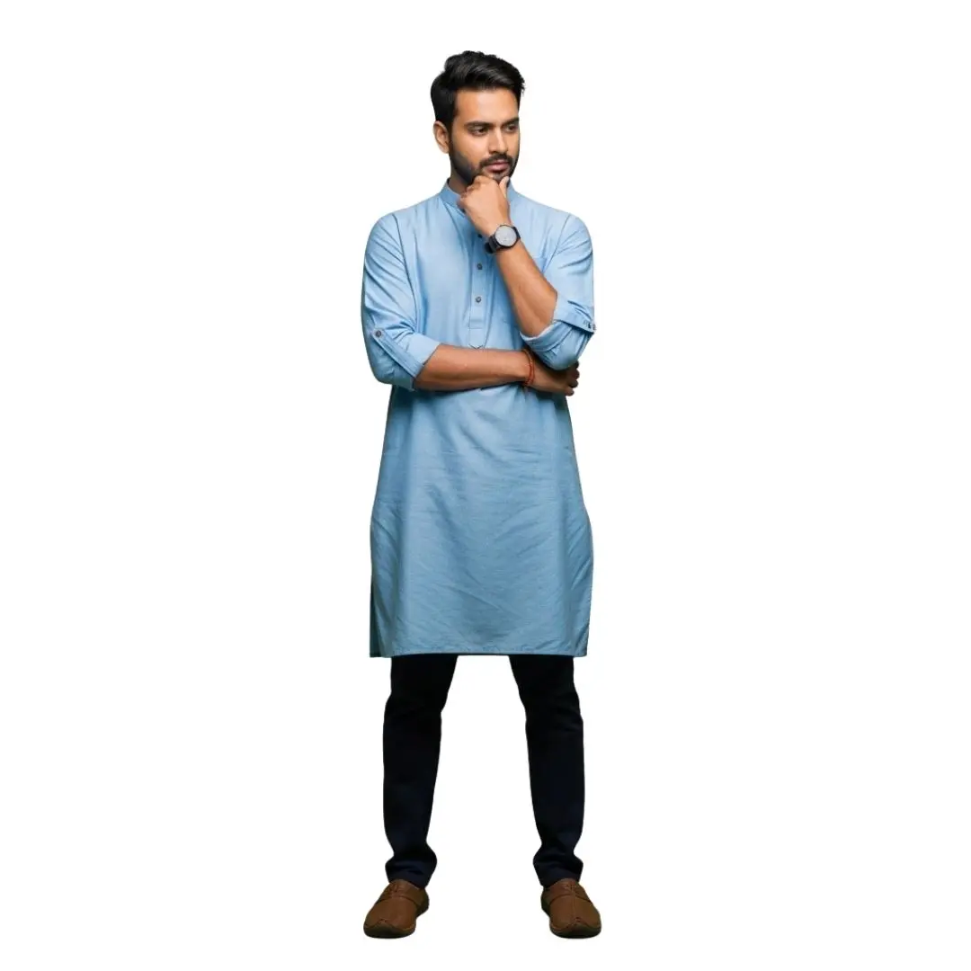 Pensive Indian Man in Light Blue Kurta Thinking PNG