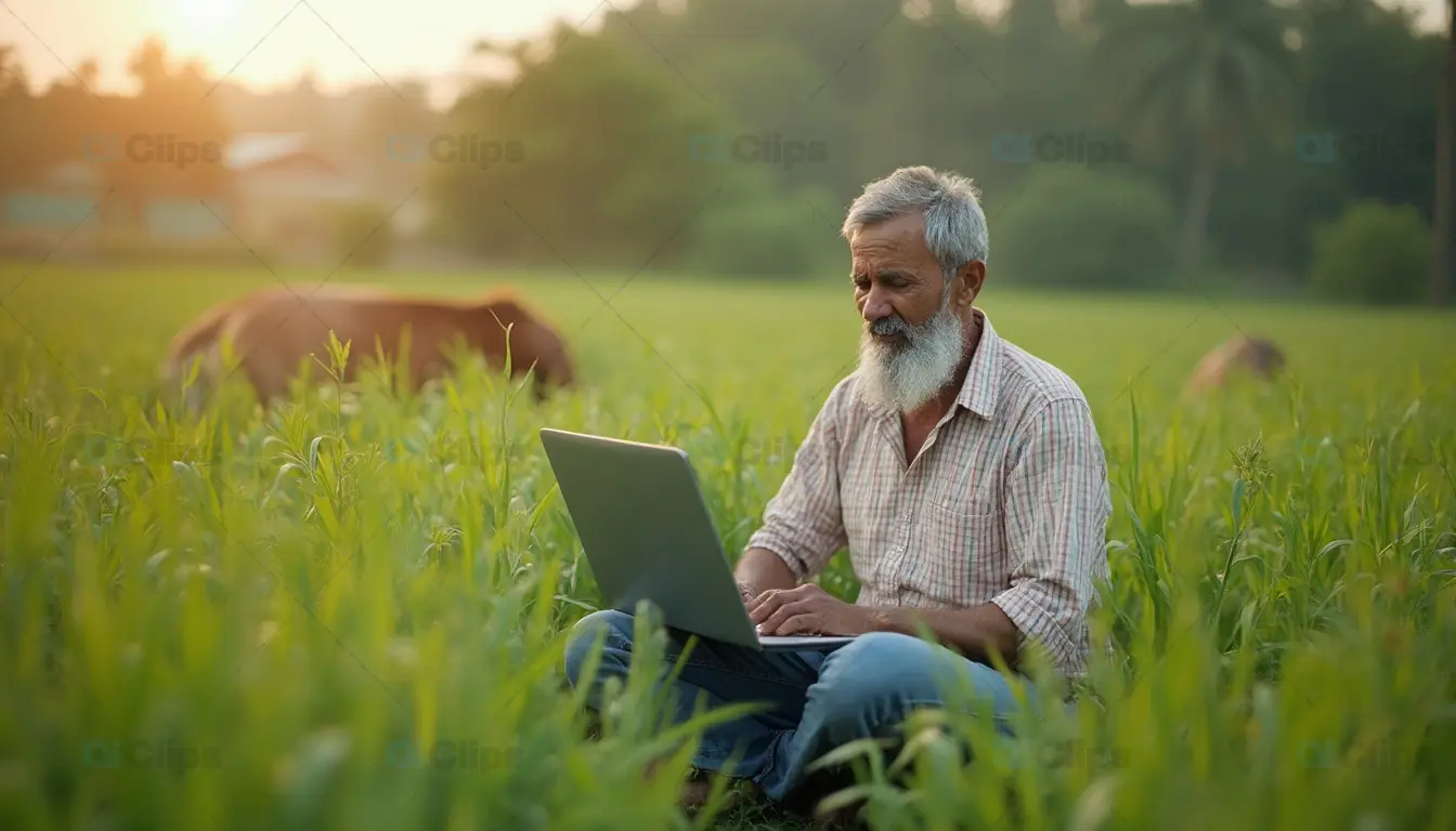 Elderly Farmer Using Laptop in Field