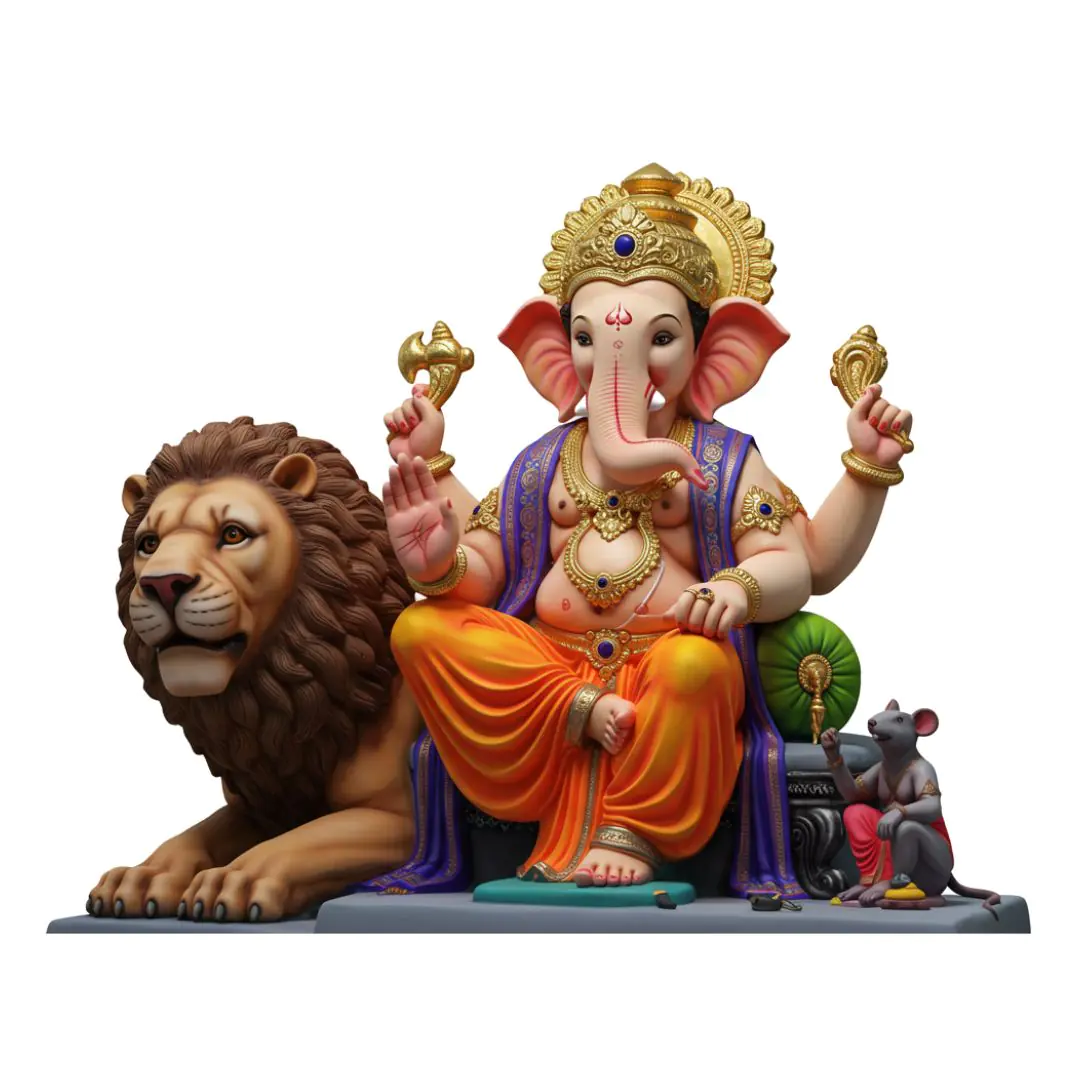 Vibrant Ganesha Seated on Majestic Lion PNG