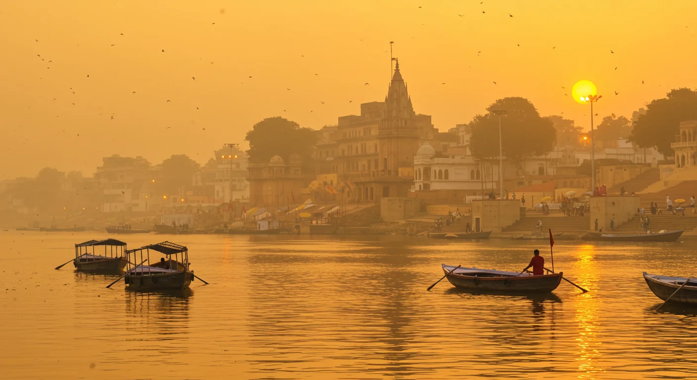 Sunrise over Varanasi Ghats with Boats on the Ganges River
