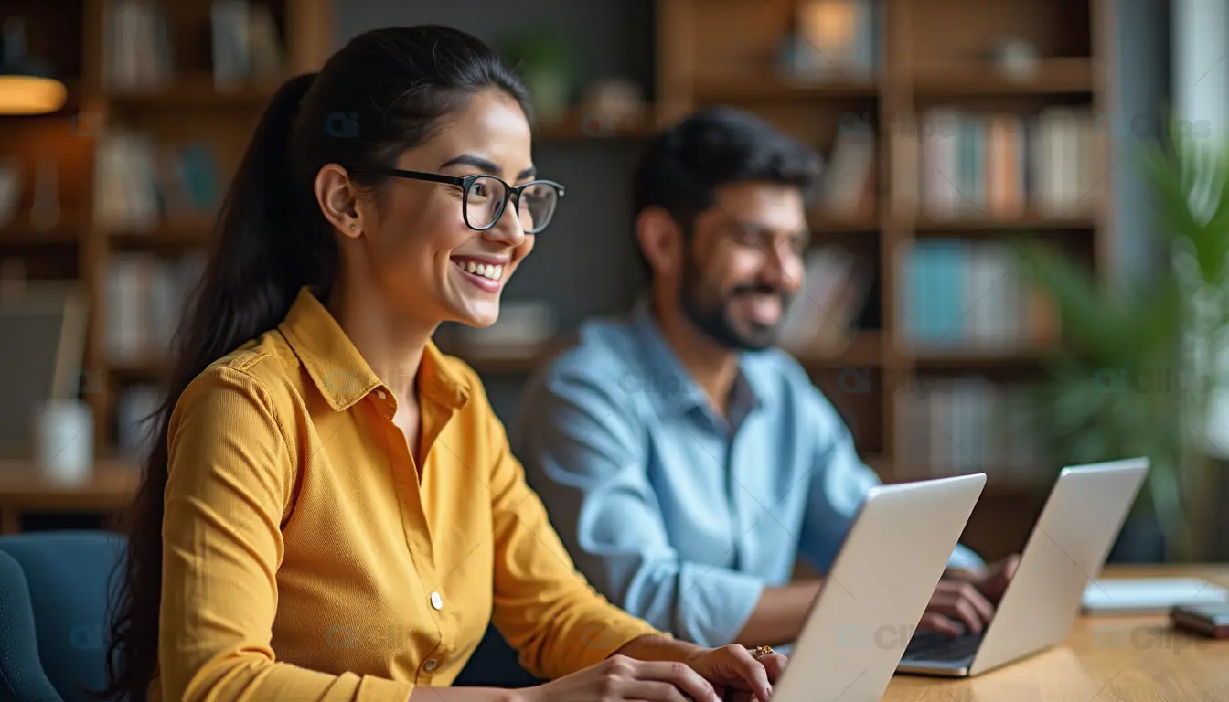 Smiling Woman and Colleague Working on Laptops