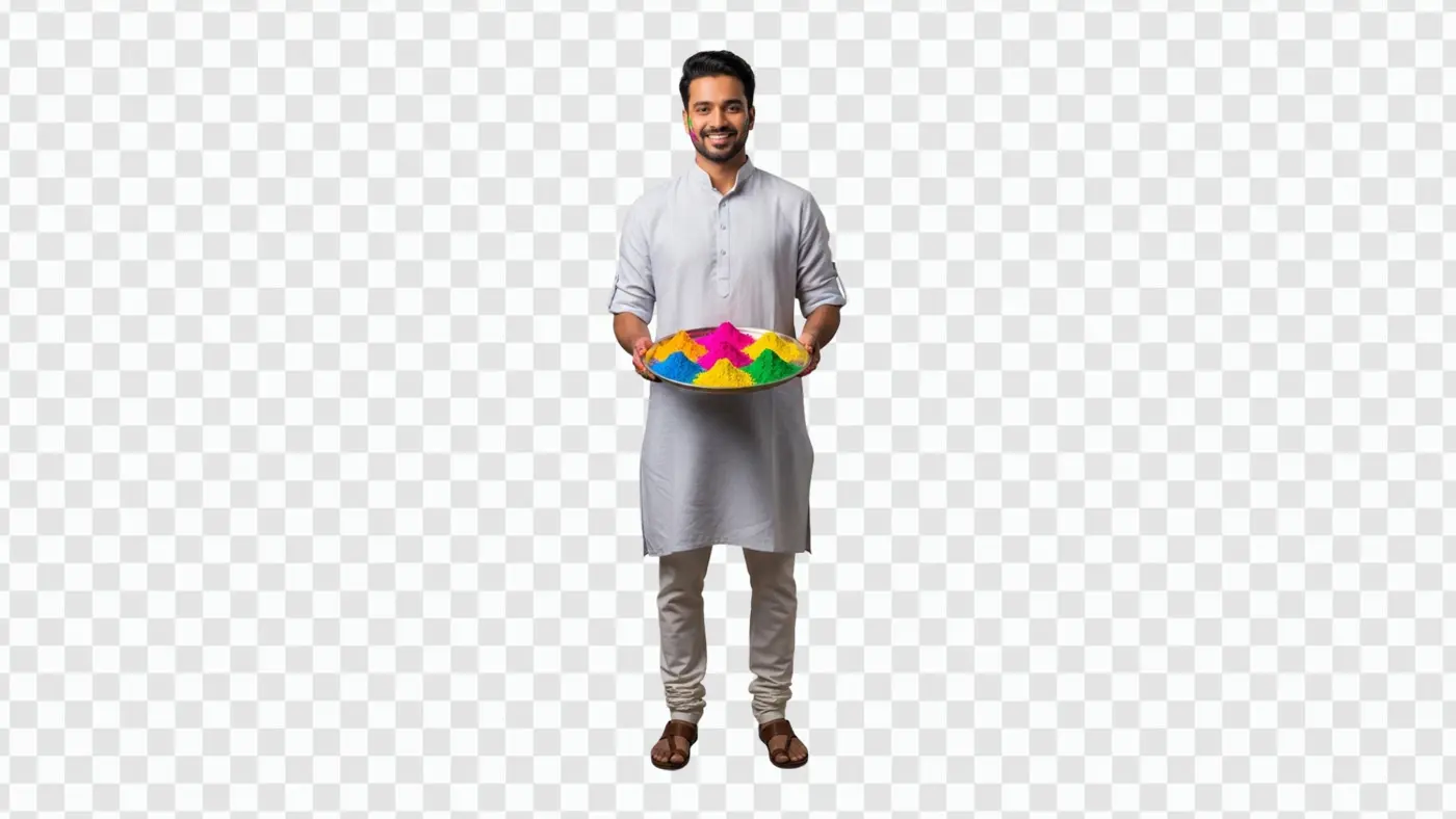 Indian Man Holding Holi Festival Colors Plate PNG Clipart