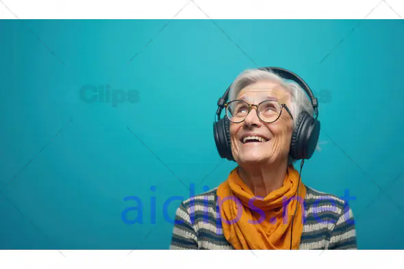 Happy Elderly Woman Listening to Music on Headphones