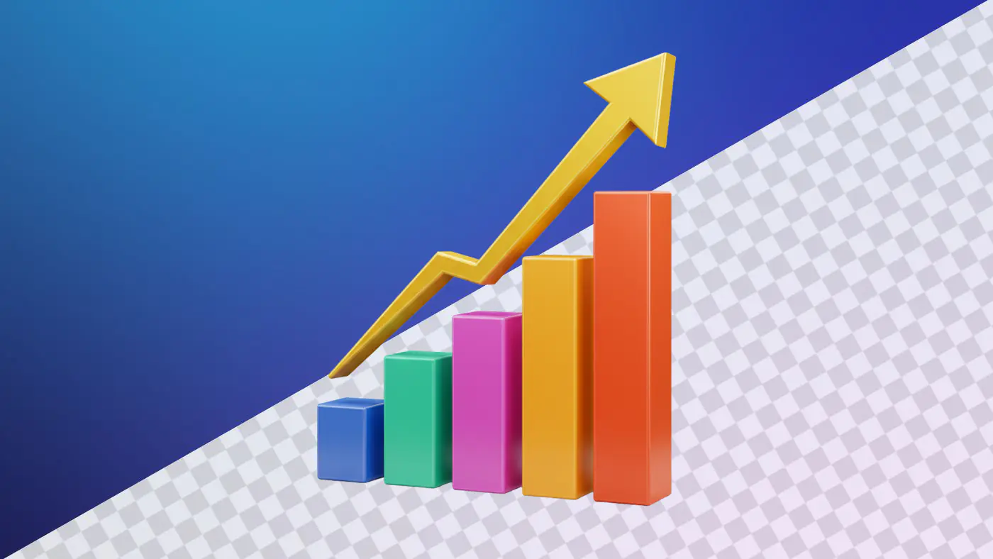 Colorful bar chart with upward trending arrow