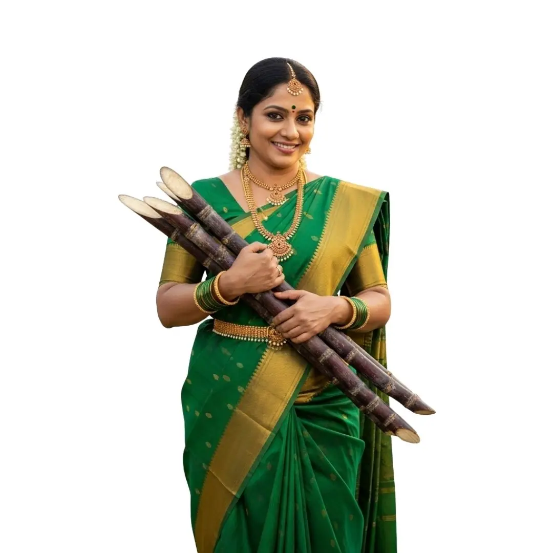 Woman in Green Saree Holding Sugarcane PNG Clipart