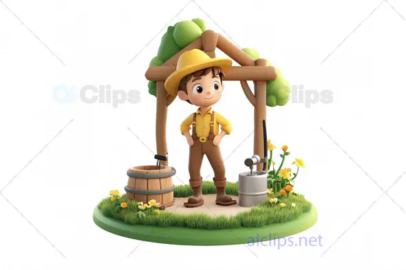 3D Cartoon Farmer at Water Well