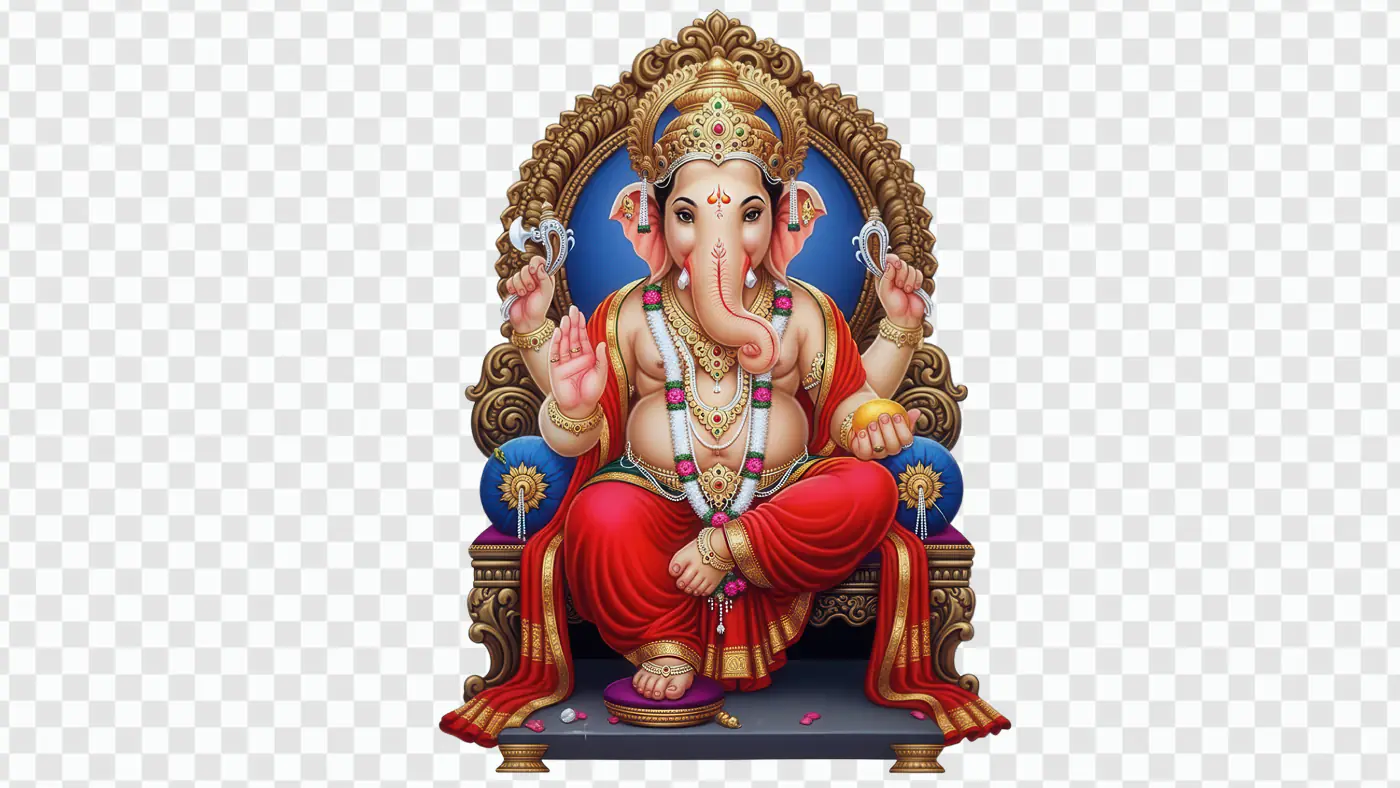 Regal Ganesha Seated on Ornate Throne PNG