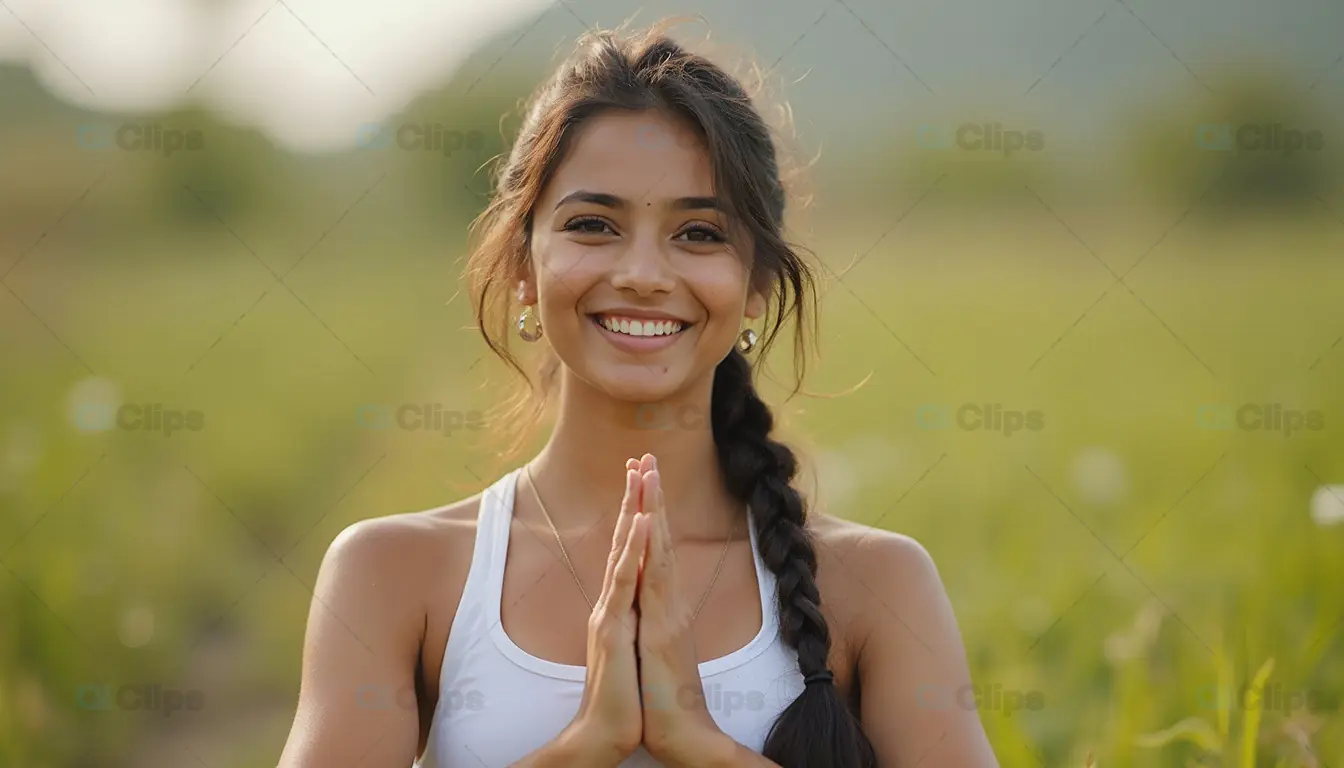 Smiling Woman in Nature Practicing Yoga