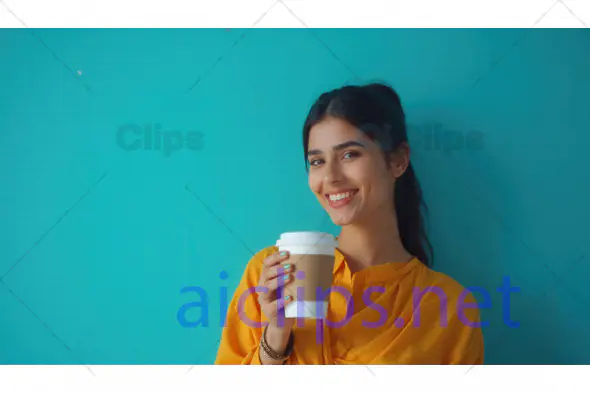 Smiling Woman with Coffee Cup Against Blue Background