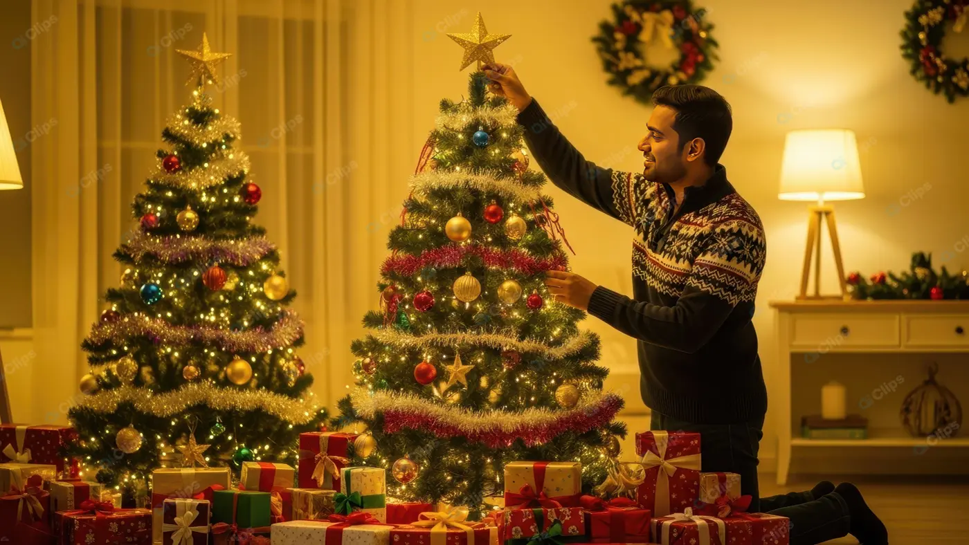 Joyful Man Decorating a Christmas Tree