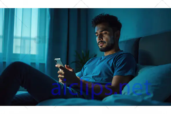 Man Browsing Smartphone in Dimly Lit Bedroom