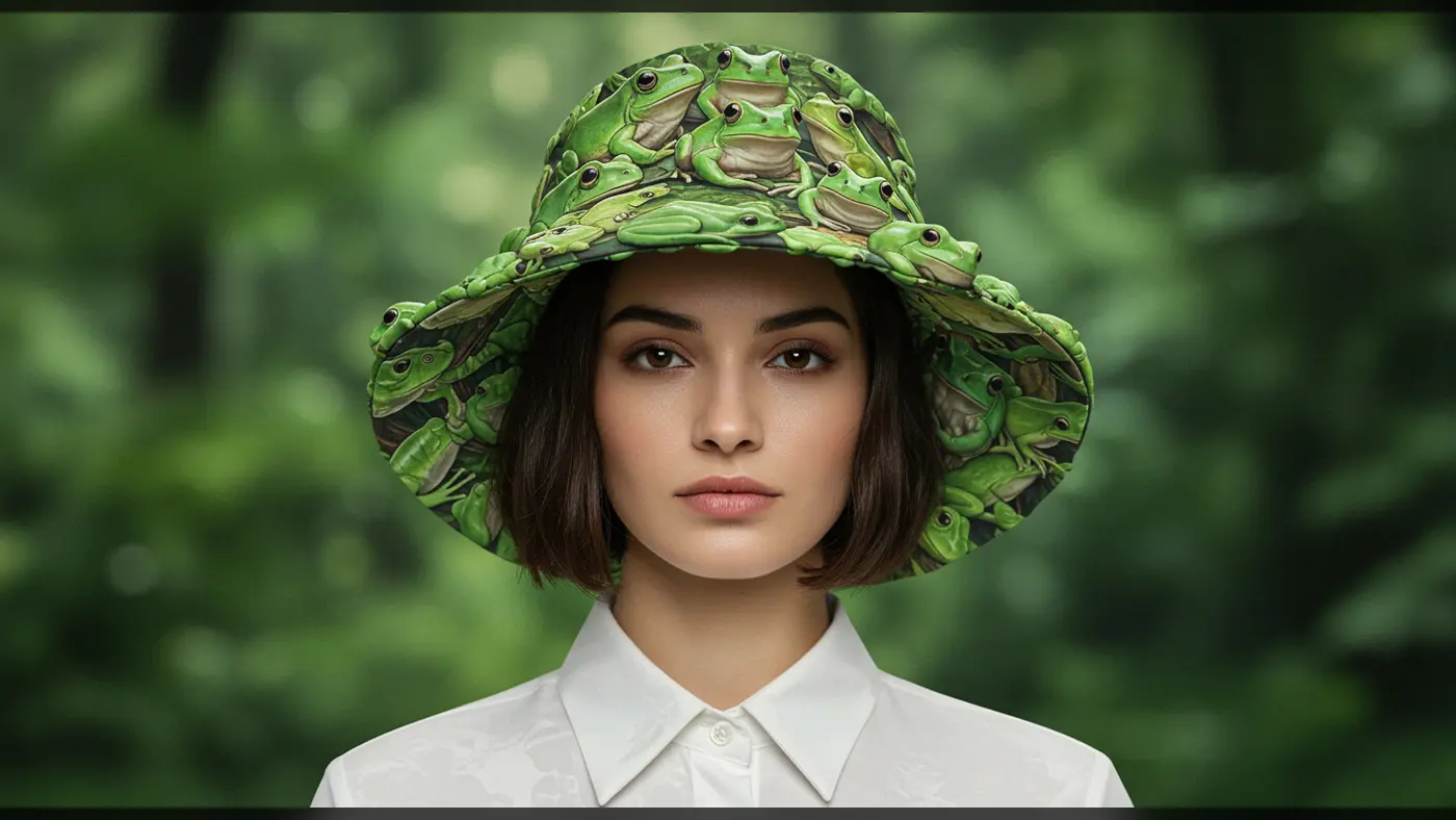 Stylish Woman Wearing Frog-Patterned Bucket Hat in Forest Setting