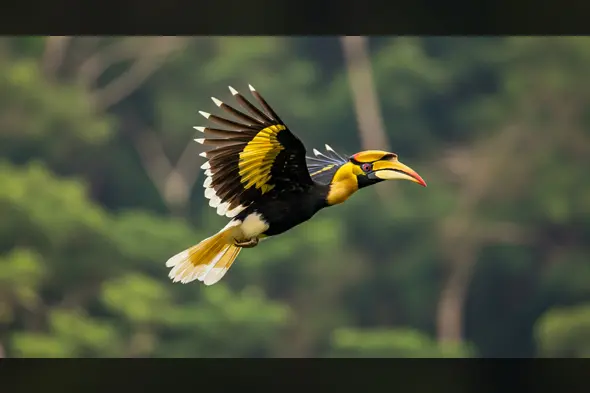 Great Hornbill in Majestic Flight Against Forest Canopy