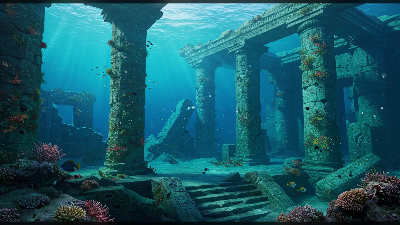 Submerged Ancient Temple Ruins with Marine Life and Sun Rays