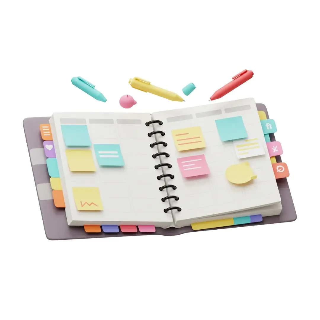 Colorful planner with sticky notes and floating pens