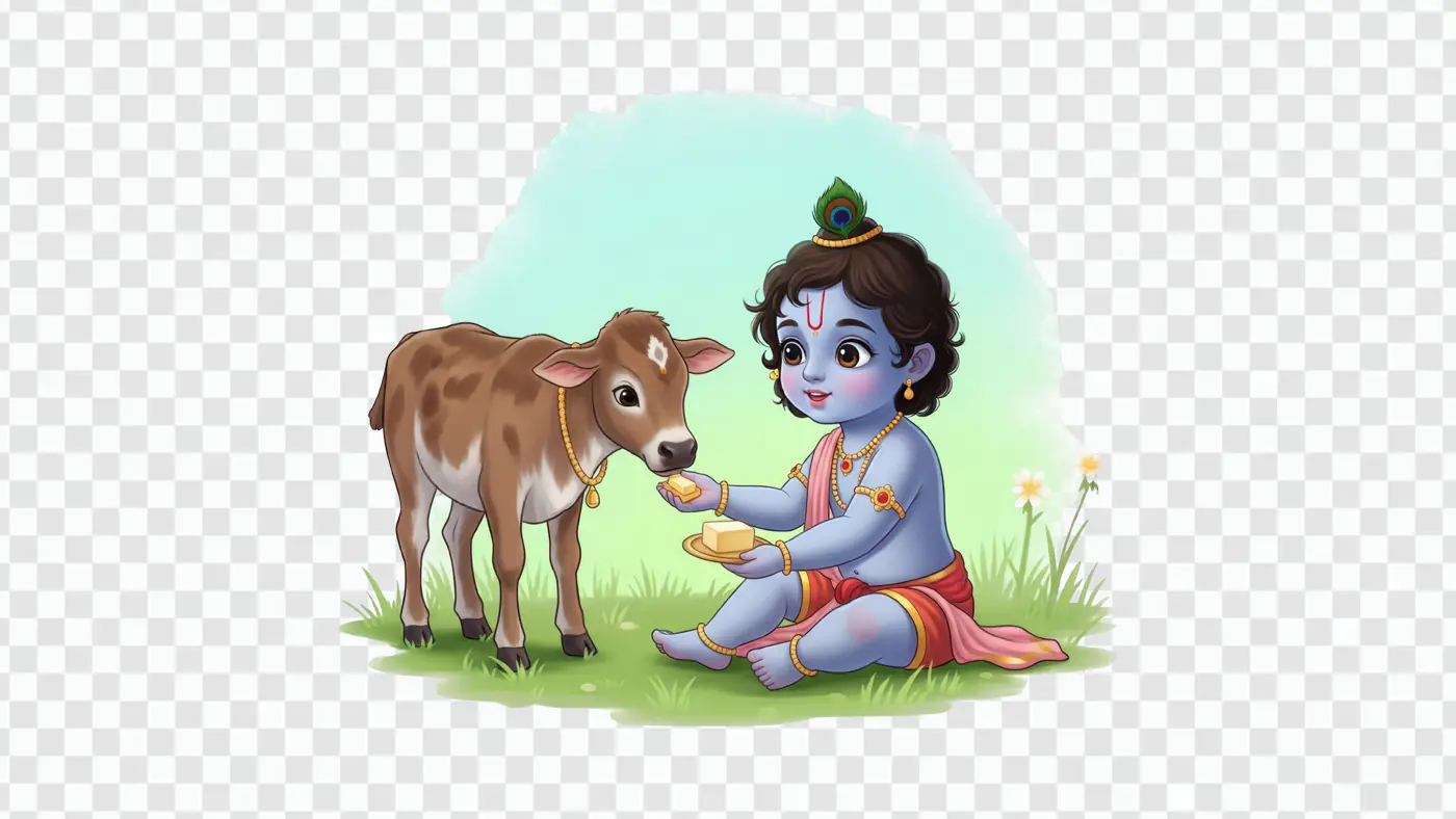 Little Krishna Feeding Calf in Meadow PNG