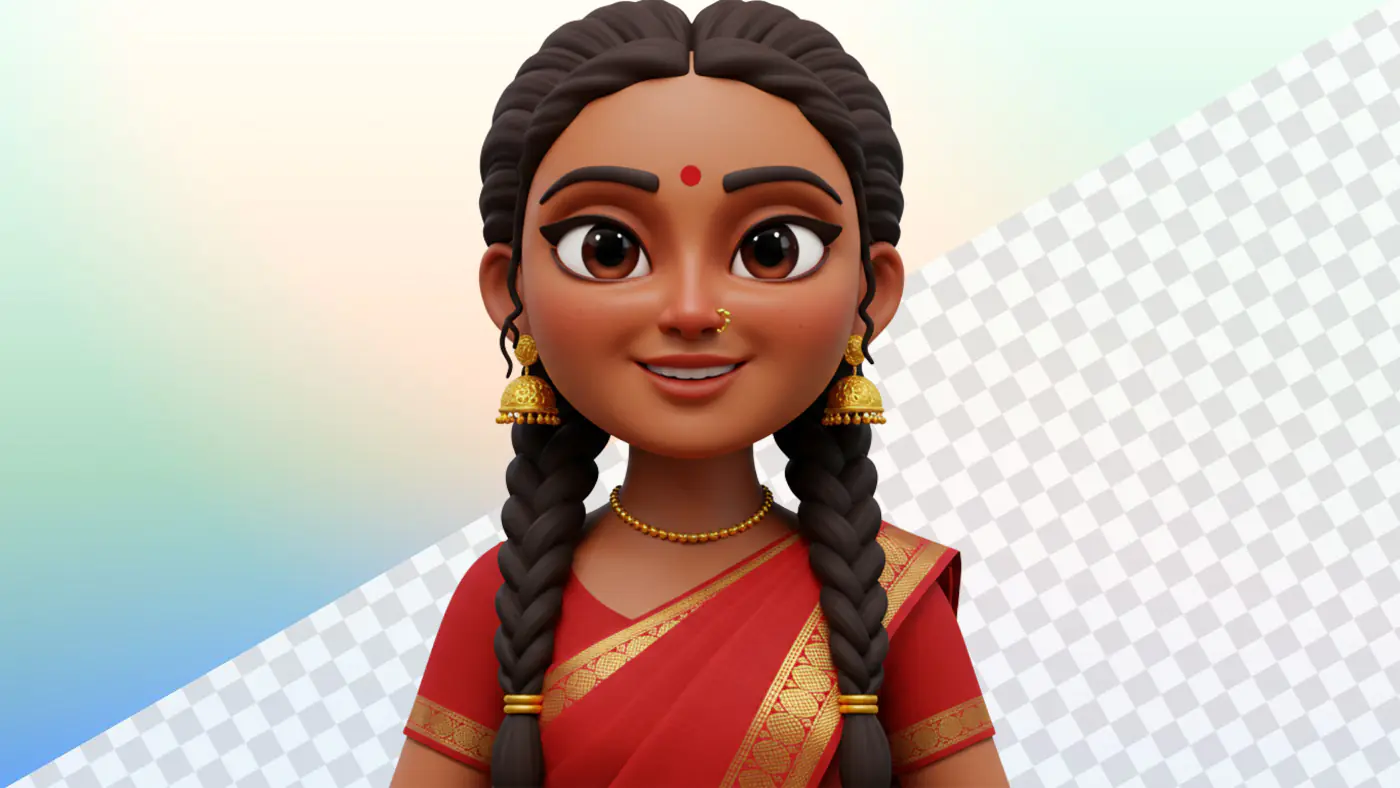 Cheerful Indian 3D avatar with traditional red attire